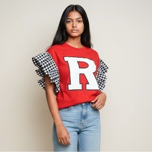 Rutgers Upcycled Vibrant Red Tee with Black and White Checkered Ruffle Sleeves
